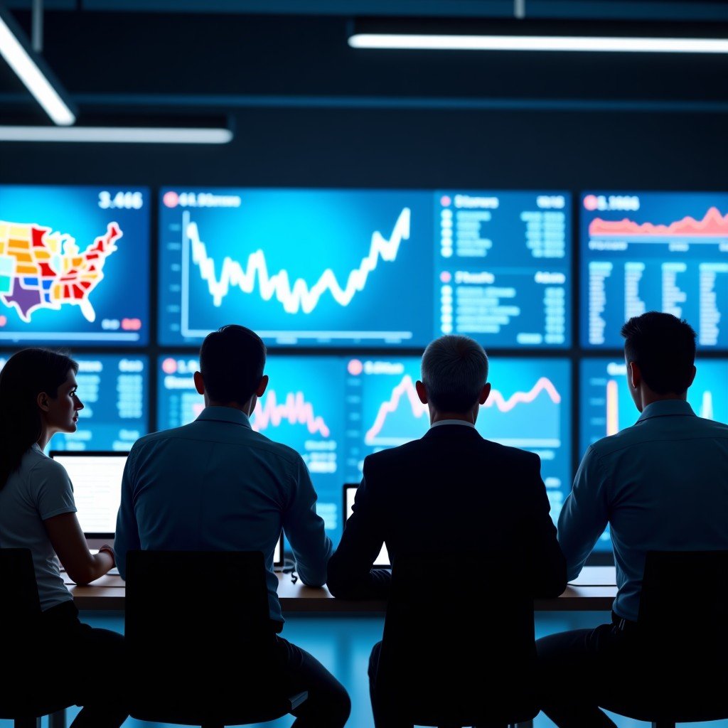 A diverse group of professional analysts looking at multiple digital screens displaying media industry trends and stock data. Bright balanced lighting, modern office setting, realistic photography style, 4:3.