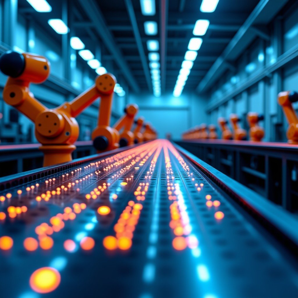 A high-tech semiconductor fabrication line with robotic arms and automated systems, clean and modern industrial setting, vibrant orange and blue ambient lights, 4:3