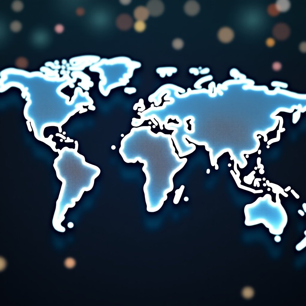 A high-angle shot of a digital map of the world with glowing connections between major global cities. Symbolizing the scale of global AI technology deployment through consulting alliances. Sophisticated and high-tech atmosphere. 4:3