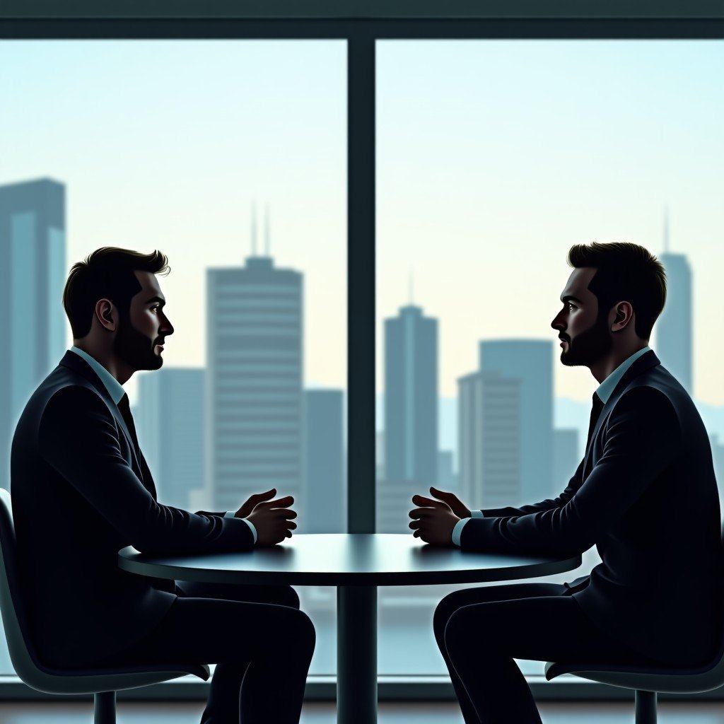 Two professional business leaders having a meeting in a modern office with a view of a city, automotive industry context, professional and serious atmosphere, 4:3