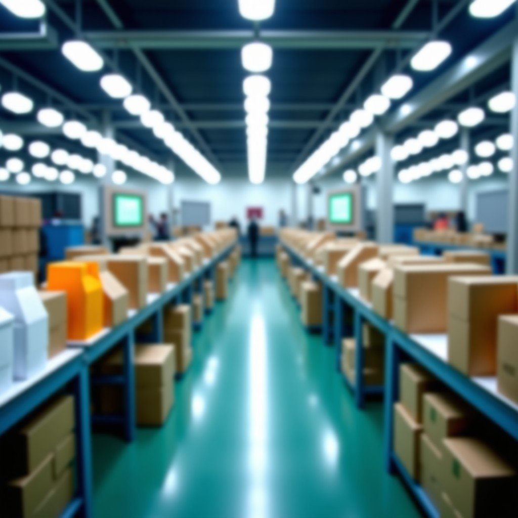 A high-quality wide shot of a modern manufacturing facility producing various consumer packaging, such as food bags and beverage labels, with bright lighting and a clean industrial aesthetic, 4:3