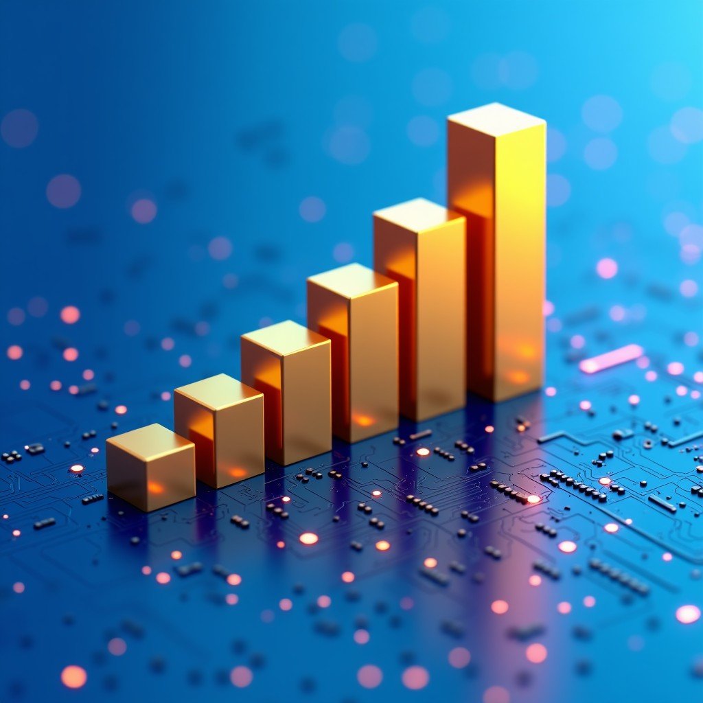 An abstract 3D visualization of a growing bar graph integrated into a digital circuit board pattern. The colors are vibrant blue and gold, suggesting financial growth and technological advancement in the software sector. 4:3
