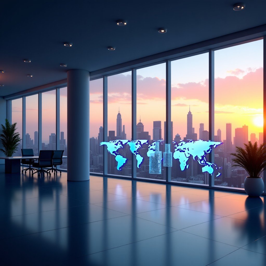 A futuristic office interior with a large glass wall overlooking a modern city skyline at sunset. On a holographic display in the foreground, various growth charts and global maps are glowing softly. Professional and visionary atmosphere. 4:3