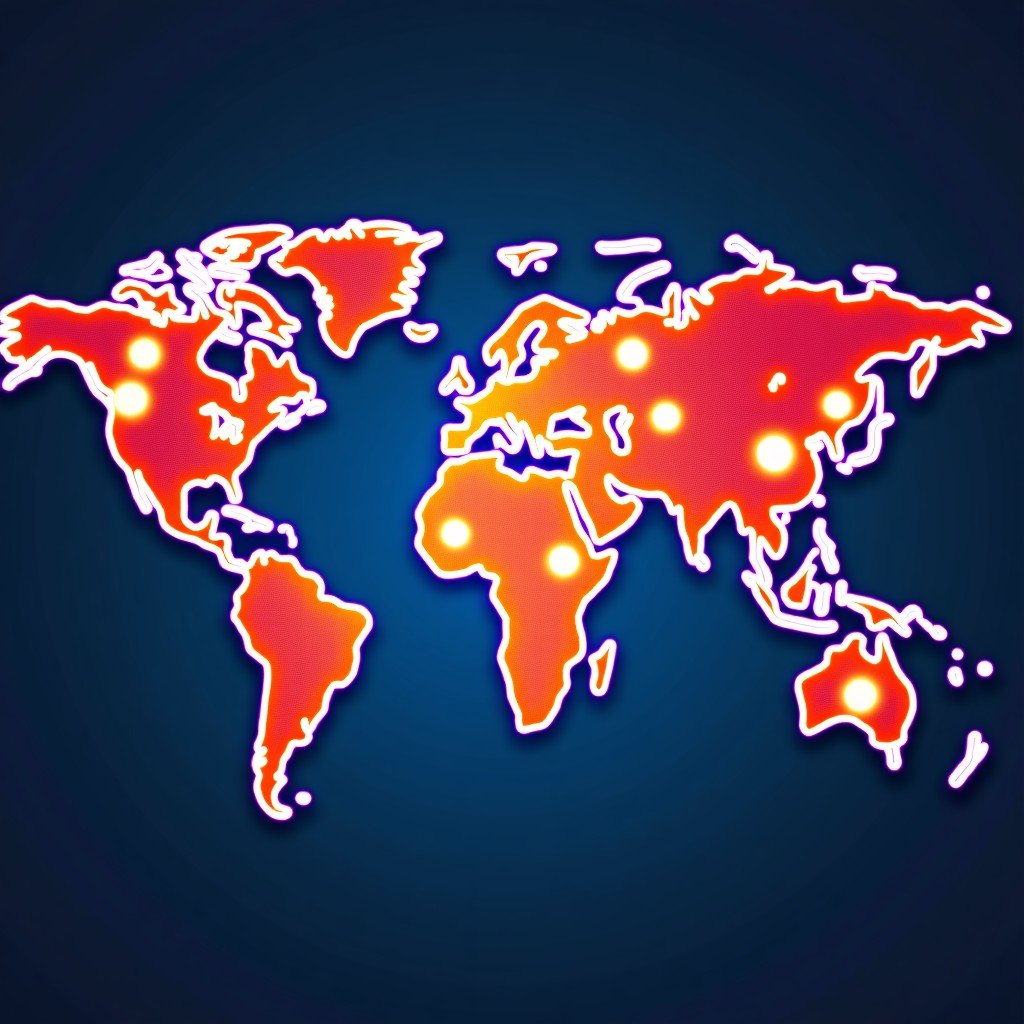 An artistic illustration representing global AI competition, glowing network lines connecting major tech hubs on a world map, vibrant colors, textured paper background style, 4:3