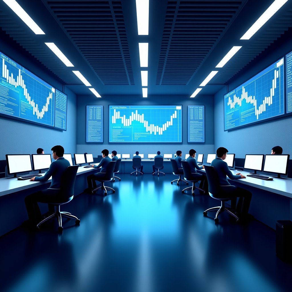 A wide-angle view of a modern stock exchange trading floor with large digital screens displaying financial charts and data. 4:3