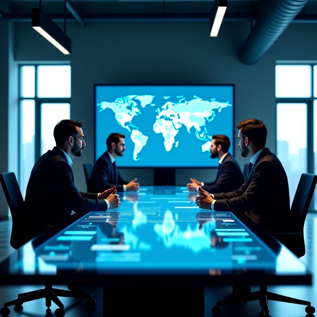 A professional business meeting scene in a modern high-tech office. Executives from global consulting firms and tech leaders are discussing AI strategy around a sleek digital table showing glowing data visualizations. The atmosphere is sophisticated and collaborative. 4:3