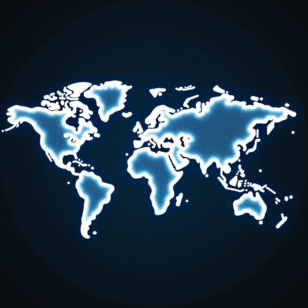 A global map with interconnected light beams representing data flow and cloud computing networks, professional corporate style, digital art, high contrast, 4:3