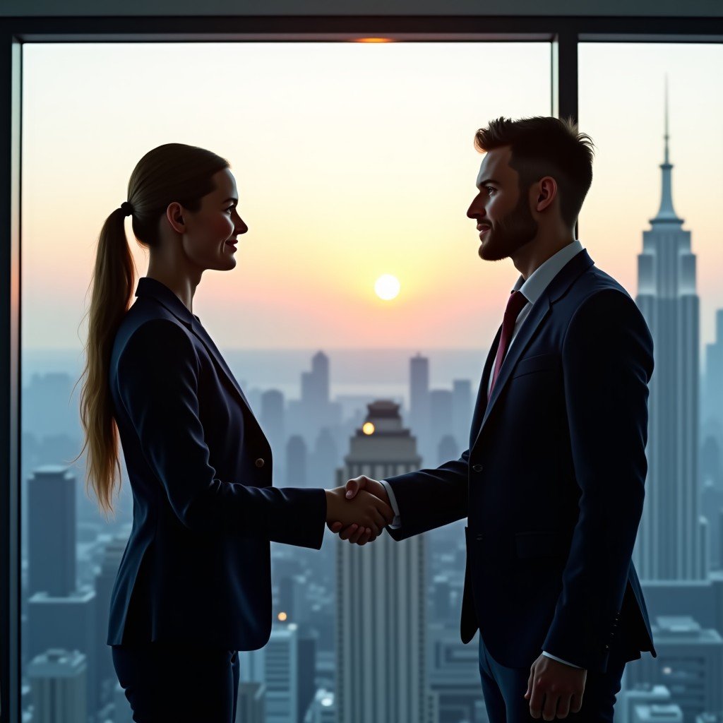 Two professional business people shaking hands in a high-tech office with a view of a digital city skyline, representing strategic investment and partnership between tech giants, natural sunlight, 4:3