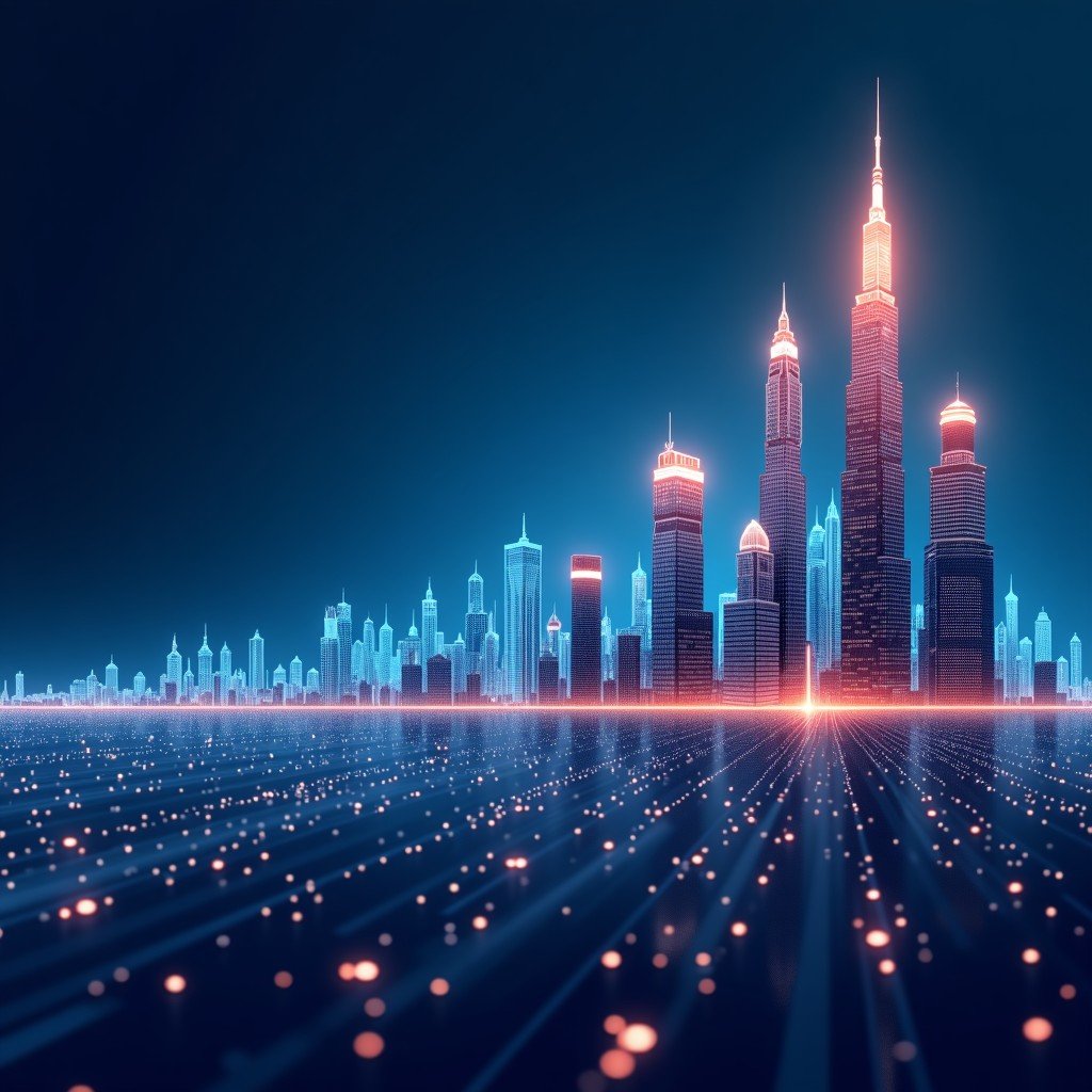 Professional digital art representing global financial growth in the AI sector with glowing data lines and abstract skyscraper silhouettes. 4:3