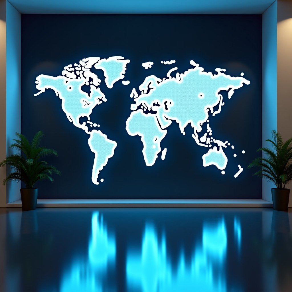 A sleek modern office with a digital network map reflecting high-tech collaboration and global scale 4:3