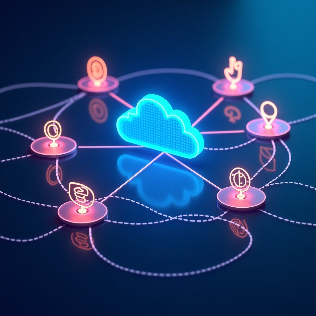 A conceptual illustration of global connectivity and collaboration between major tech companies, featuring abstract digital links and glowing icons representing cloud computing nodes. 4:3