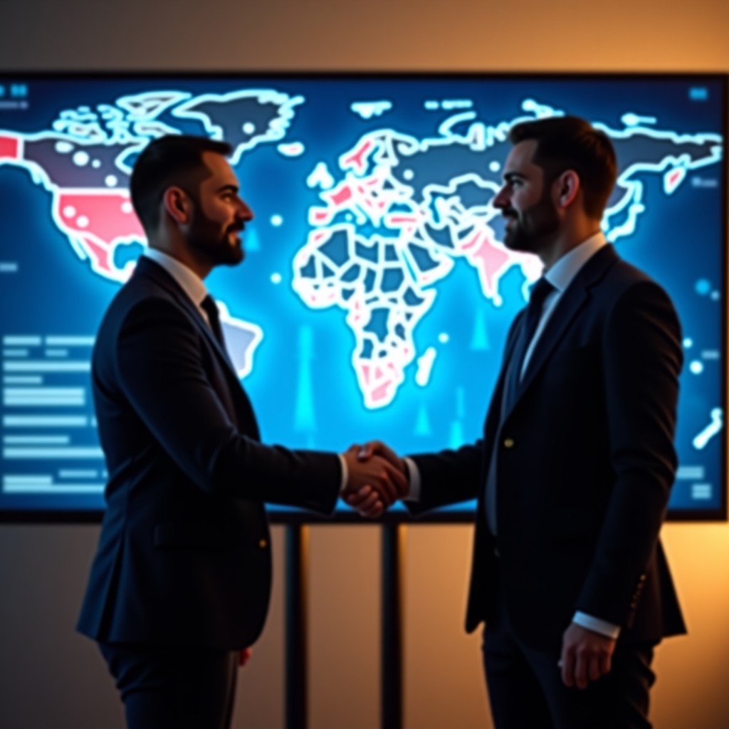 Two professionals shaking hands in front of a digital screen showing global market trends, high contrast, warm and confident lighting, professional business setting, 4:3