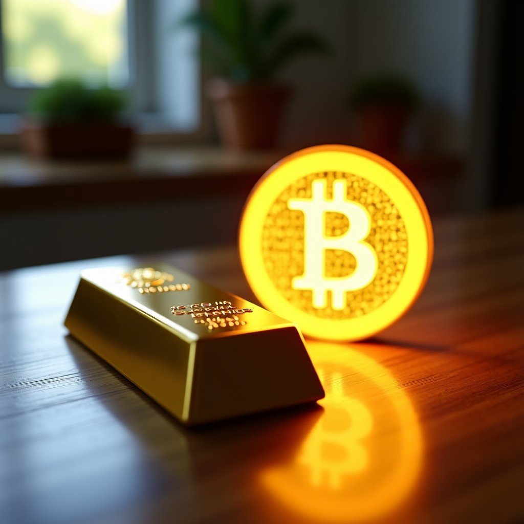 A high-quality lifestyle photography shot of a physical gold bar next to a glowing digital coin representation on a wooden table, natural sunlight, depth of field, 4:3 aspect ratio. No text.