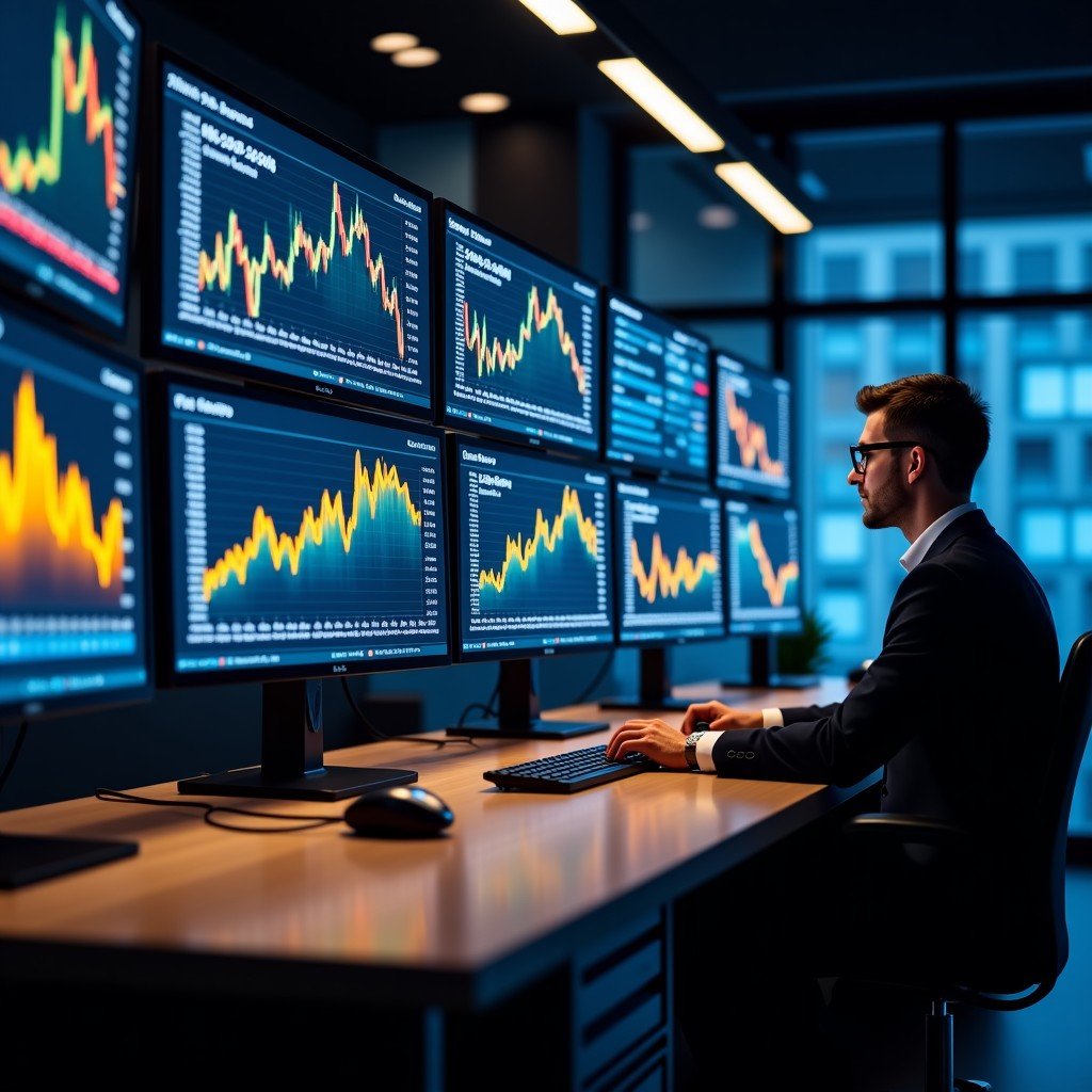 A high-tech trading room with multiple monitors displaying gold and silver price charts, glowing digital data, professional financial atmosphere, high contrast, 4:3