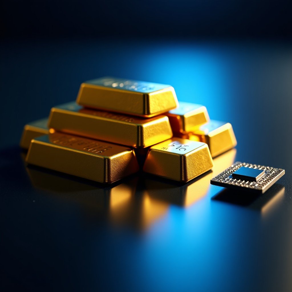 A professional composition showing gold bars placed next to modern AI computer chips on a dark reflective surface, cinematic lighting, high contrast, golden and blue tones, 4:3