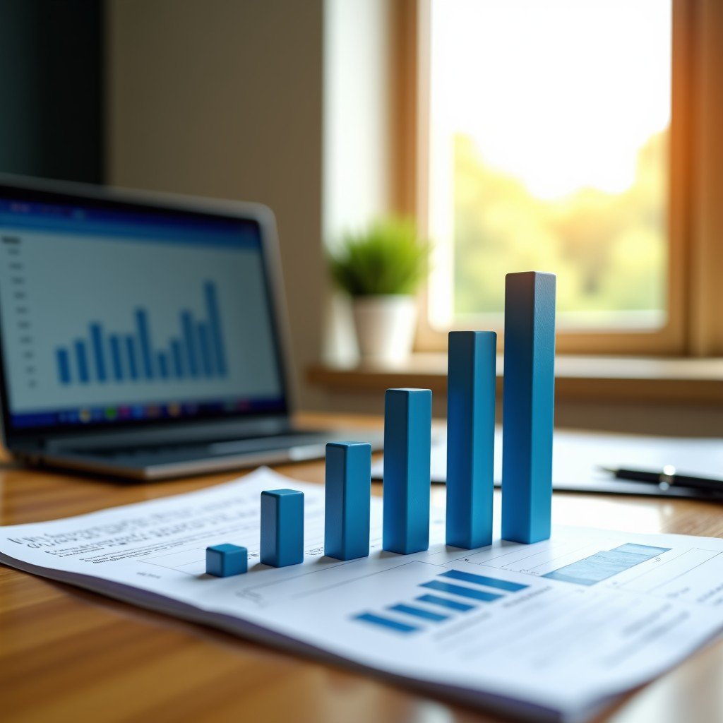 Professional investment theme with rising financial charts, subtle AI icons, clean wooden desk background, high quality office stationery, bright natural lighting, 4:3