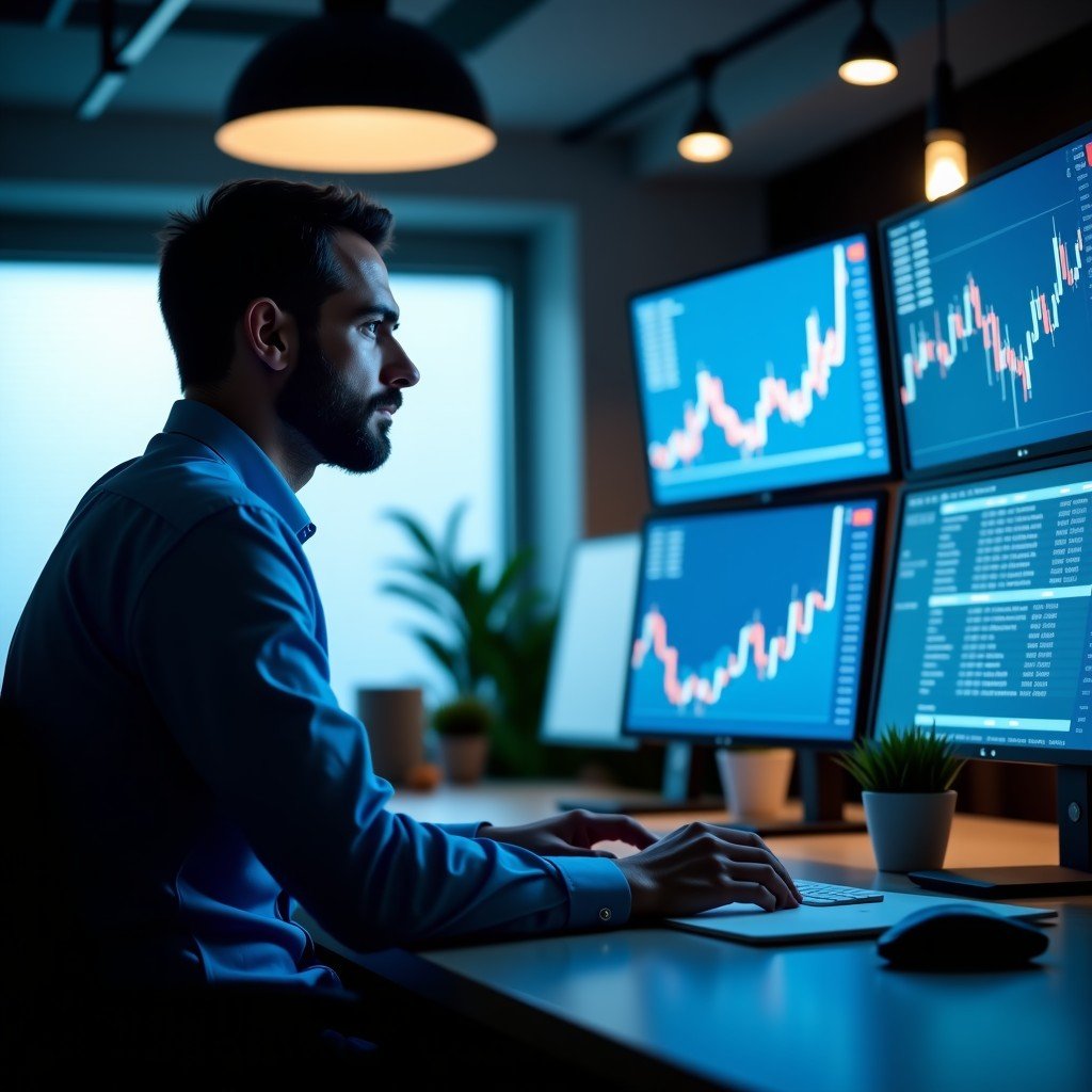 A professional investor in a modern office looking at multiple screens displaying financial charts and data, focused expression, cinematic lighting, 4:3