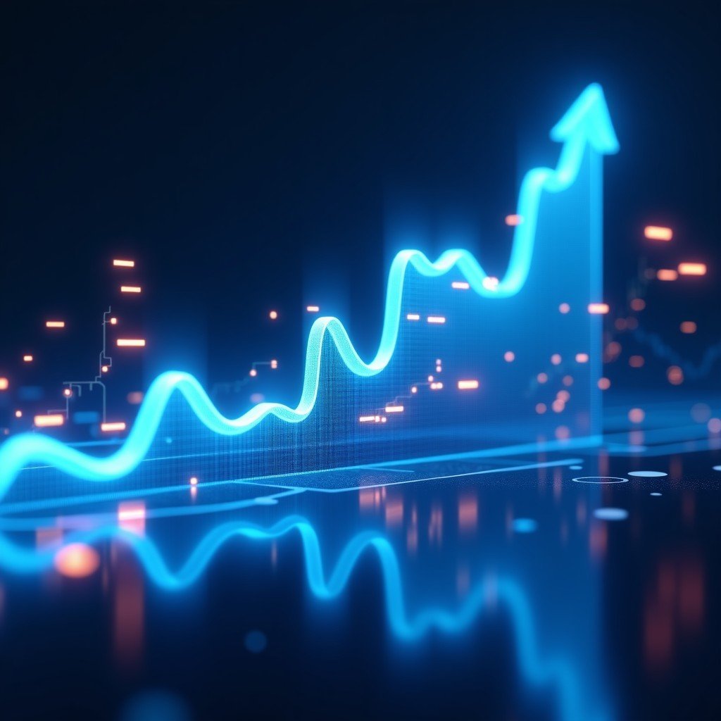 Abstract representation of financial data integration. Glowing 3D stock charts, moving average lines, and digital indicators floating in a dark blue digital space with points of light. High detail, futuristic. 4:3