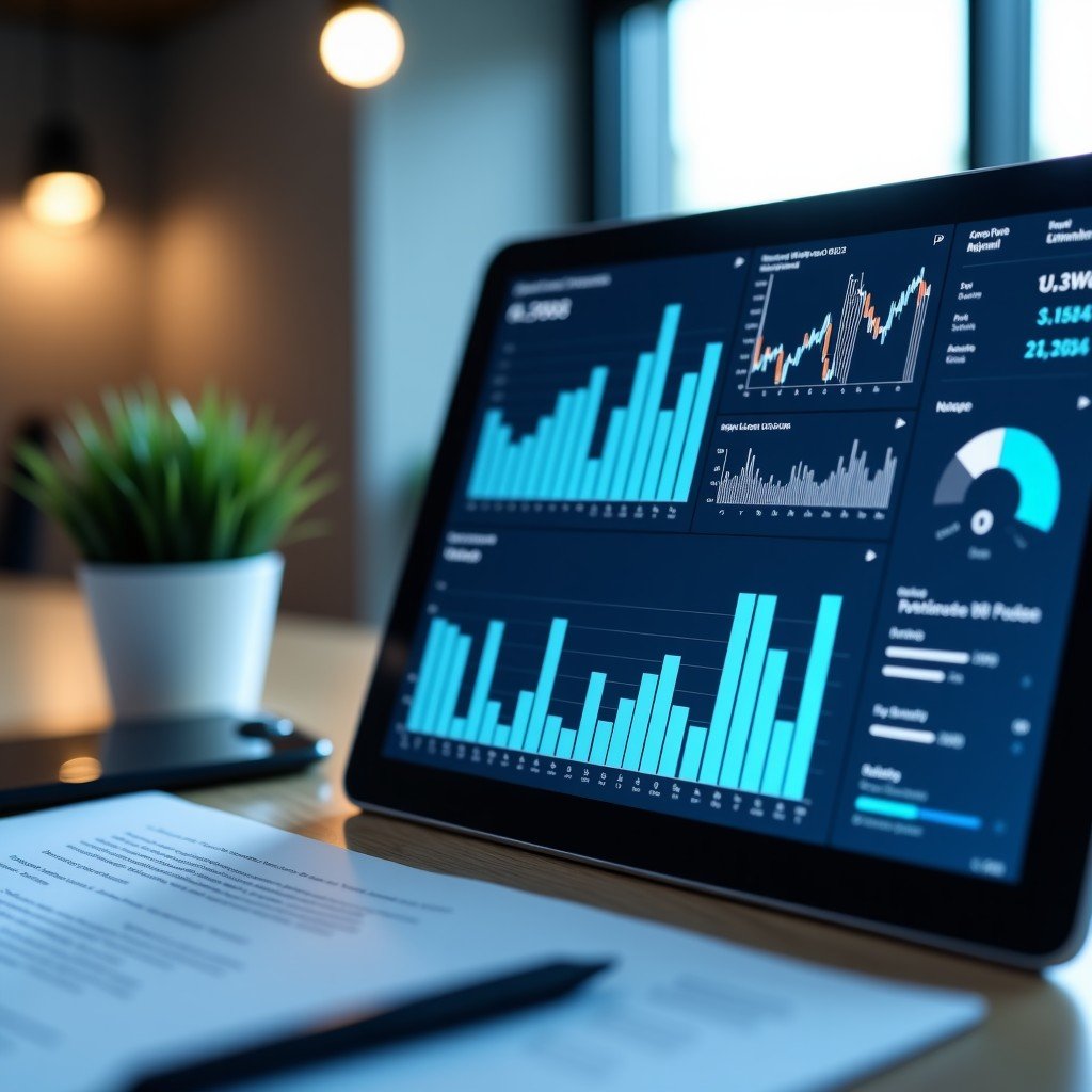 A clean and modern workspace with a tablet showing complex financial charts and legal documents being analyzed by a sleek AI assistant interface. The lighting is bright and professional, emphasizing clarity and data precision. 4:3