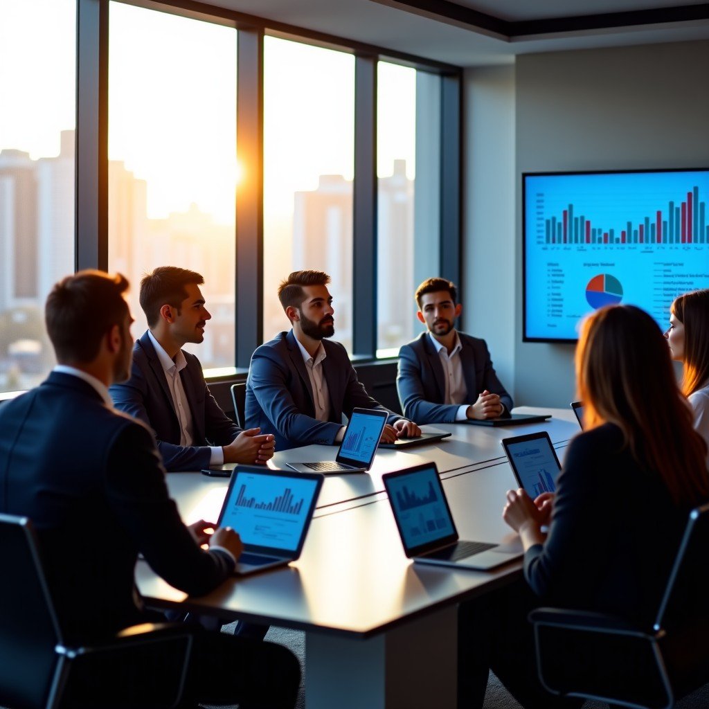 Group of diverse professional analysts in a modern boardroom discussing financial data on screens. Natural morning light through large windows, professional and collaborative atmosphere, 4:3