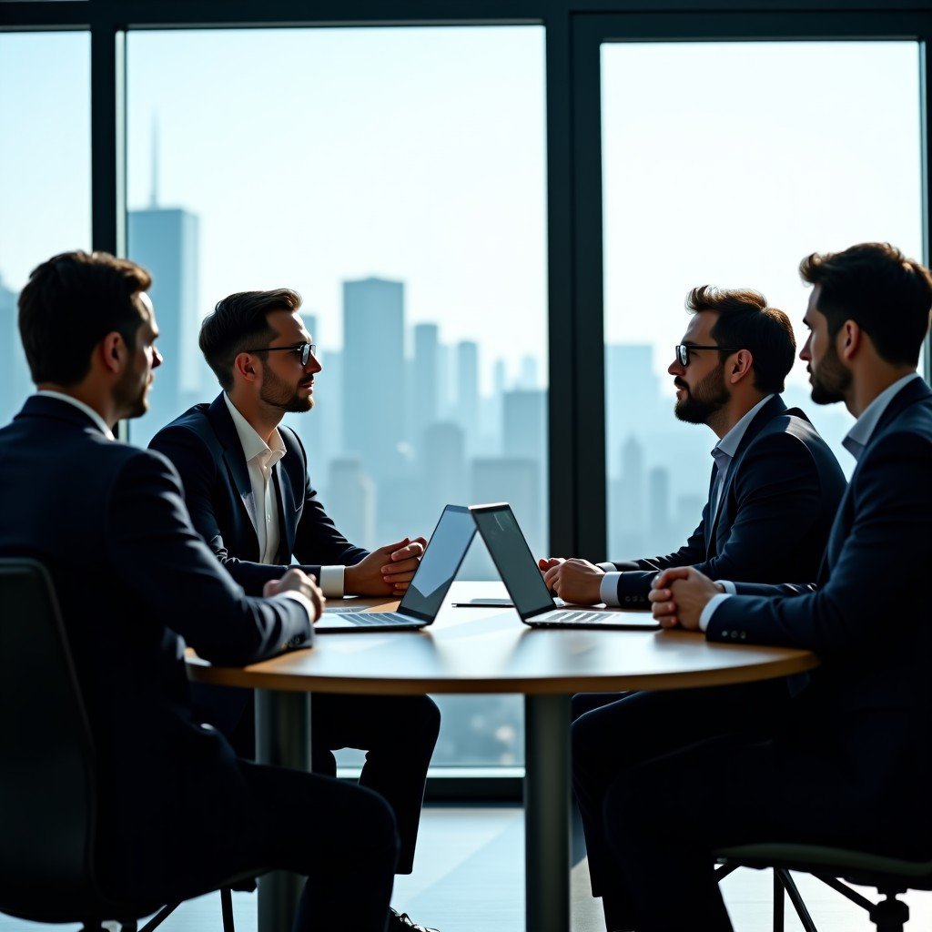 Professional financial analysts in a modern conference room discussing market trends. A large glass window showing a city skyline in the background. Natural professional lighting. 4:3