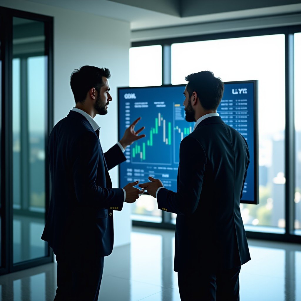 Two professional financial analysts in business attire discussing stock charts on a large digital screen in a modern high-rise office. Natural daylight, clean composition, 4:3