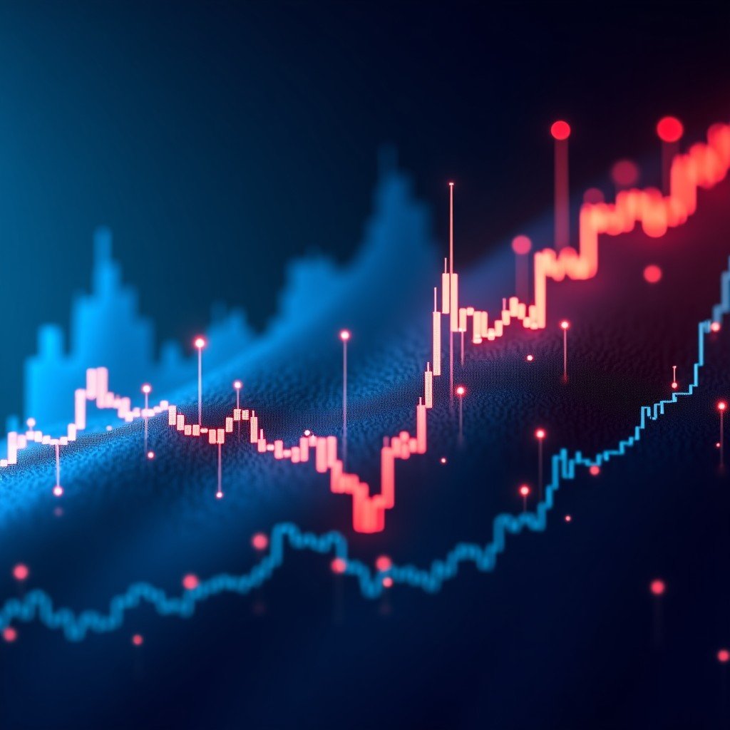 Abstract stock market graph with AI neural network overlays, high contrast blue and red lighting, professional financial atmosphere, cinematic composition, 4:3