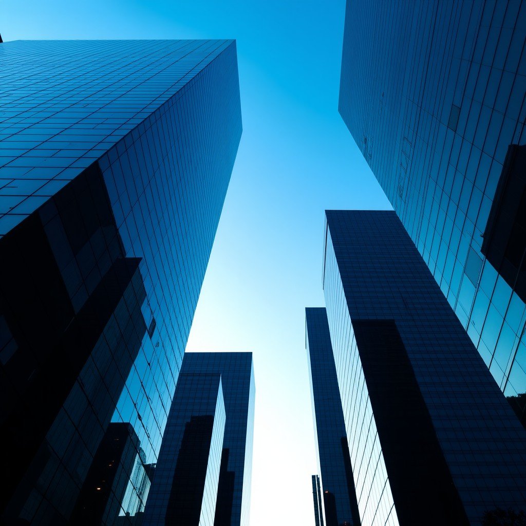 A low-angle shot of modern financial district skyscrapers at dusk. Superimposed digital blue lines representing data and capital flowing between buildings. Sharp focus, professional photography, 4:3