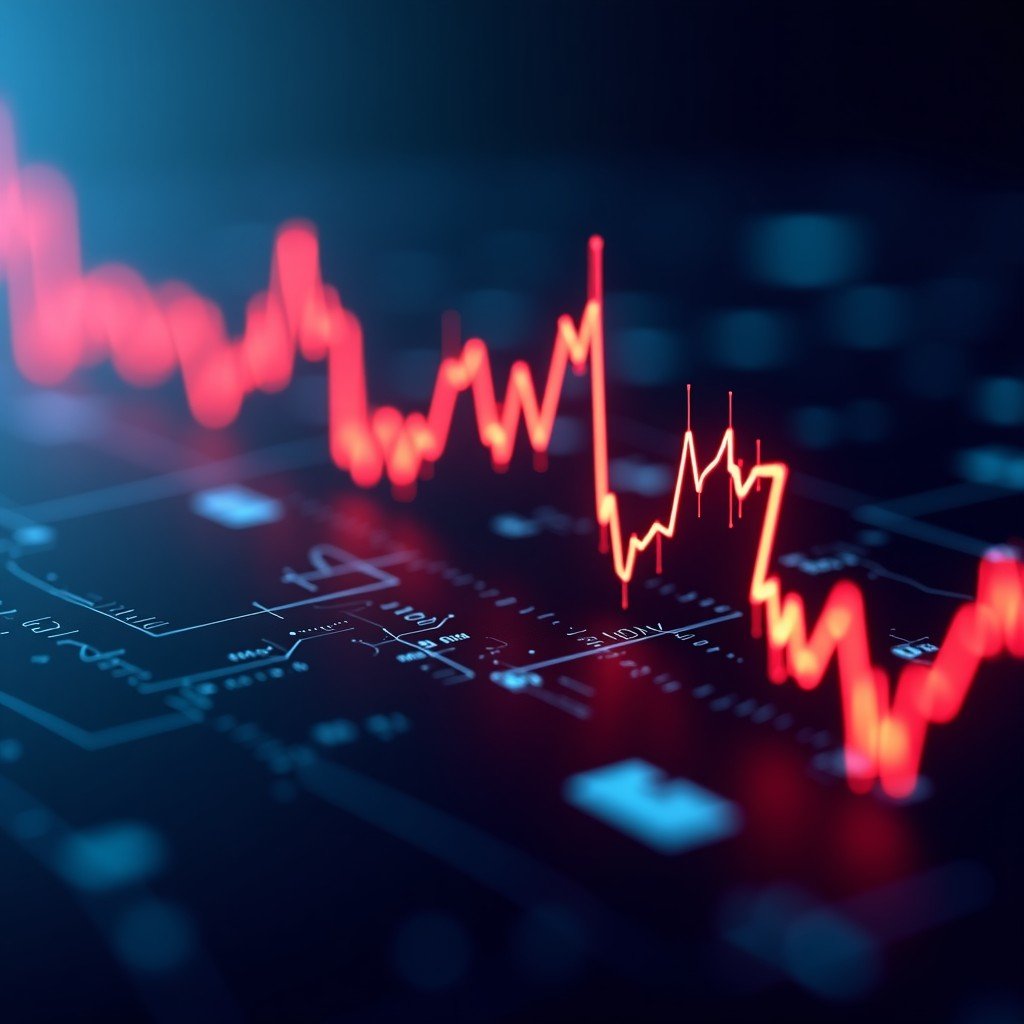 A dramatic digital stock market chart displaying a sharp red line graph trending downwards with high-tech financial data overlays, dark blue background with glowing red accents, 1:1