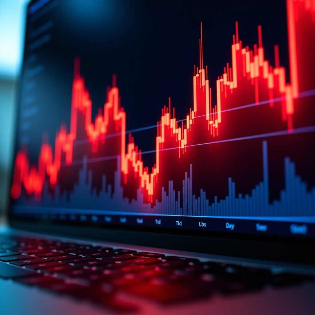 A dramatic stock market chart showing a sharp red downward trend line on a digital screen, reflecting a financial crisis atmosphere, high contrast, modern trading room background, 1:1