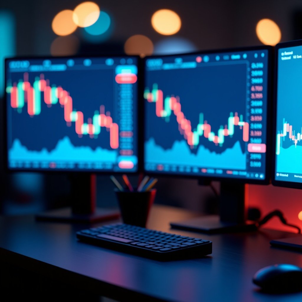 A professional trading desk with multiple monitors showing stock market candles in downward trends with logos of cybersecurity companies subtly integrated into the background interface. 16:9