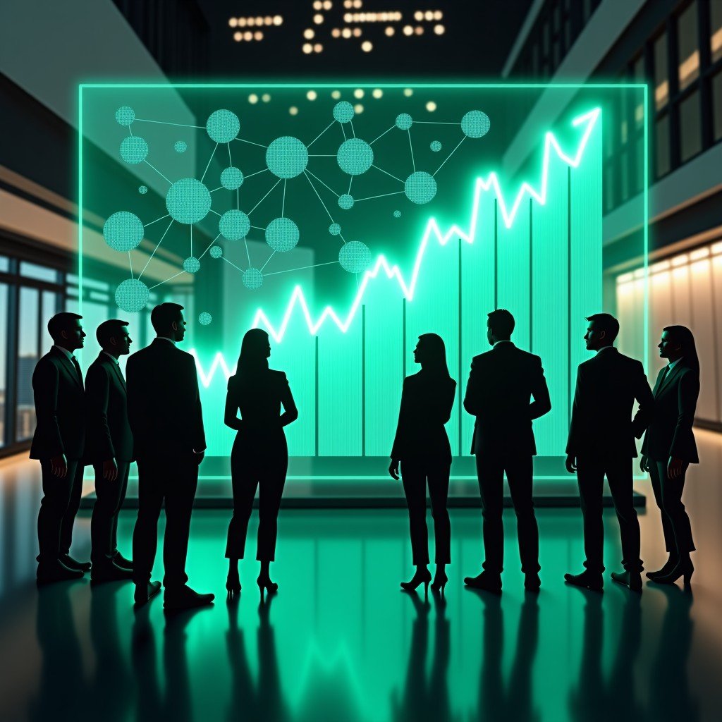 A diverse group of financial investors looking at a large holographic screen showing rising green growth graphs and interconnected tech nodes, modern architectural setting, optimistic and futuristic mood, 4:3