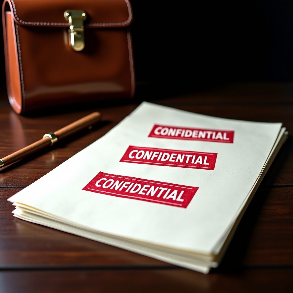 A stack of legal documents with red CONFIDENTIAL stamps, placed next to a classic leather briefcase on a dark wooden desk, cinematic lighting, 4:3