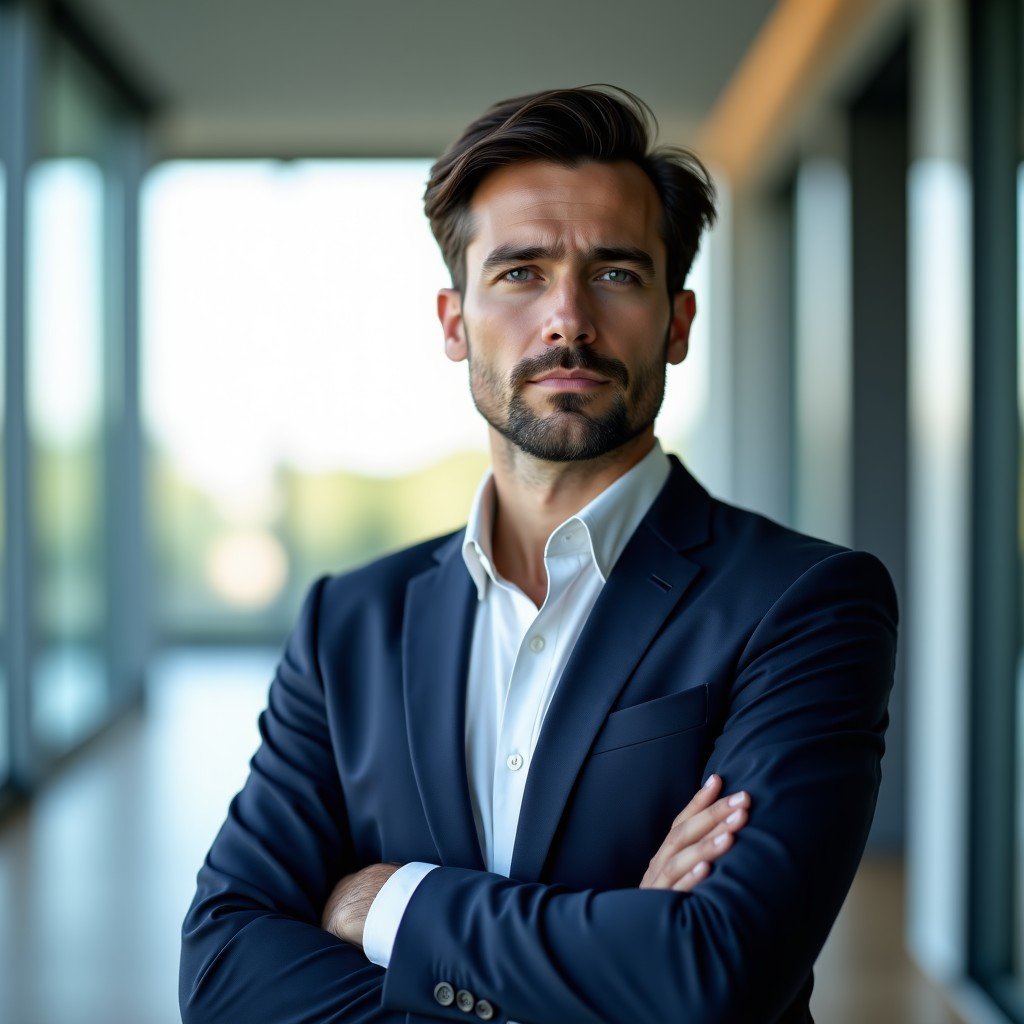 A professional portrait of a tech CEO in a modern architectural setting, looking determined and thoughtful. High-end photography, natural light, 4:3