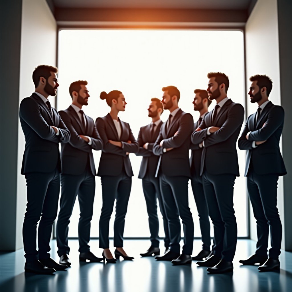 A group of diverse tech professionals standing together in a modern office lobby, looking determined and unified, bright natural lighting, professional and clean aesthetic, 4:3