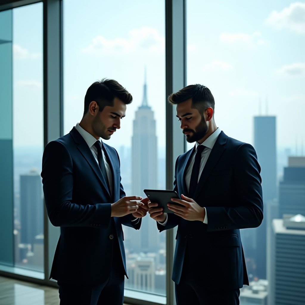 Two professional individuals in suits discussing over a tablet in a modern glass building, city skyline visible in the background, professional corporate setting, 4:3