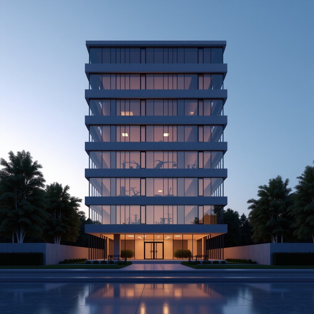 A modern tech corporate building exterior at dusk, professional atmosphere, symbols of justice and technology balance integrated into the architecture, 4:3