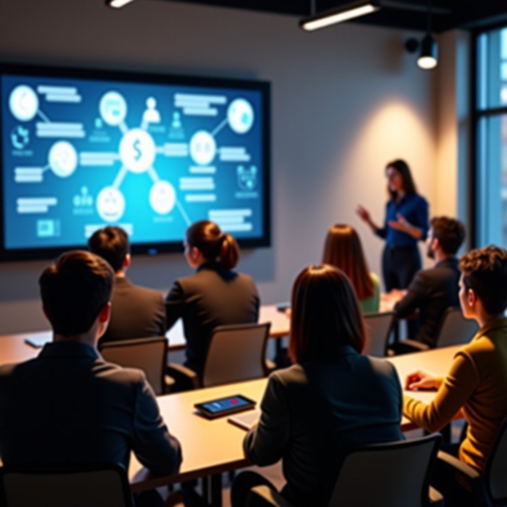 A group of diverse professional adults in a modern classroom setting, looking at a large screen with AI concepts, interactive learning environment, warm lighting, natural expressions, 4:3