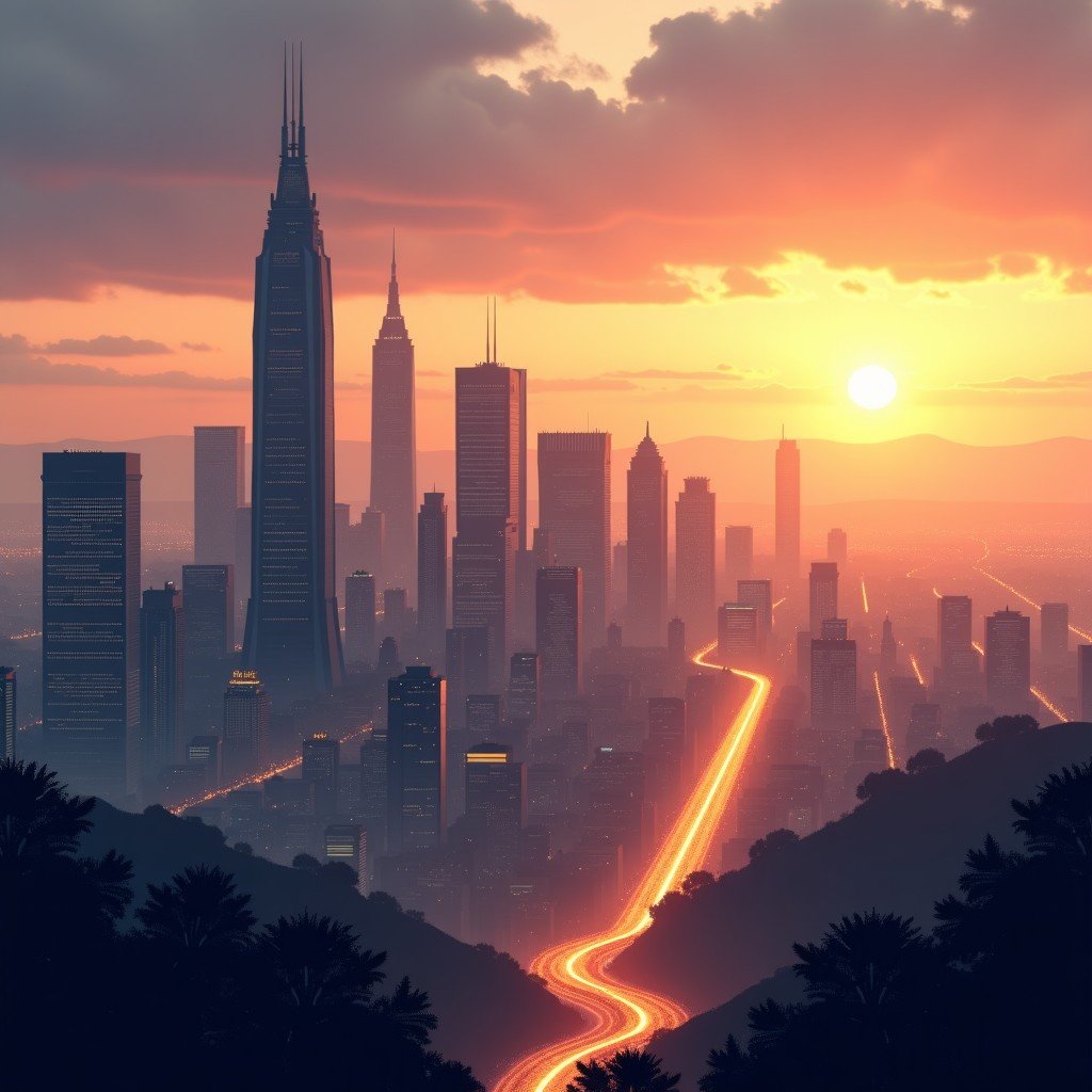 A wide view of a futuristic city skyline representing Silicon Valley combined with classical government architecture. Digital data streams connect the two worlds. Rich textures, warm sunset lighting, detailed composition. 4:3