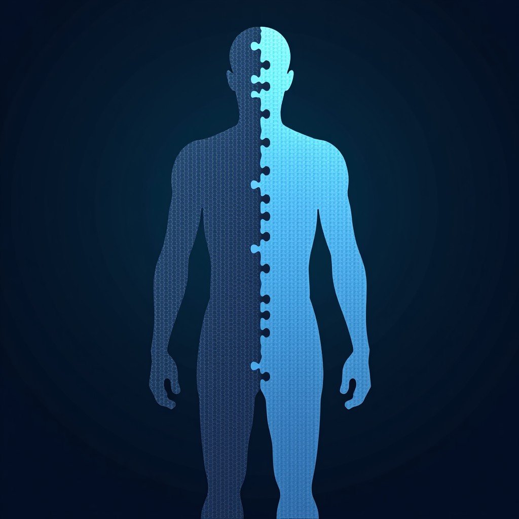 A conceptual digital representation of a human silhouette and a structured software grid interlocking like puzzle pieces, symbolic of synergy between human and technology, 4:3