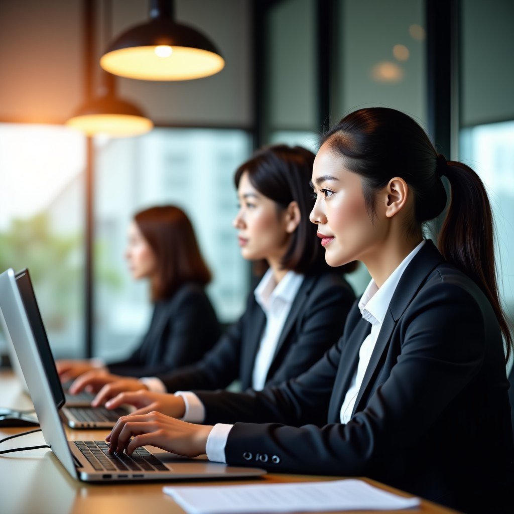 A professional business environment where humans and digital AI interfaces collaborate, warm lighting, natural skin tones of Korean professionals, clean office background, 4:3