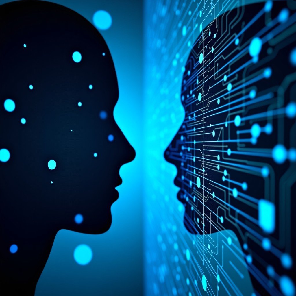 Abstract representation of digital technology and human ethics, glowing blue circuit patterns intertwined with human silhouettes, high contrast, visually rich, 4:3