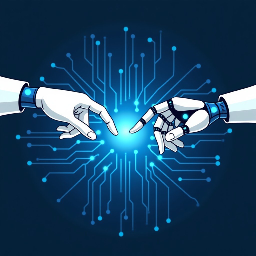 A clean infographic style illustration showing a human hand and a robotic hand reaching towards each other over a glowing digital circuit background. High contrast, blue and white tones. 4:3