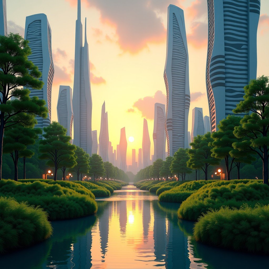 Sustainable futuristic city with lush greenery and advanced technology buildings, sunset lighting, harmonious composition, highly detailed, 4:3