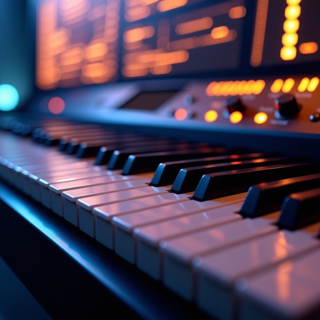 Close-up of a high-end keyboard with a soft warm glow emanating from the screen. A digital overlay of binary code and gears slowly rotating in the background. 4:3