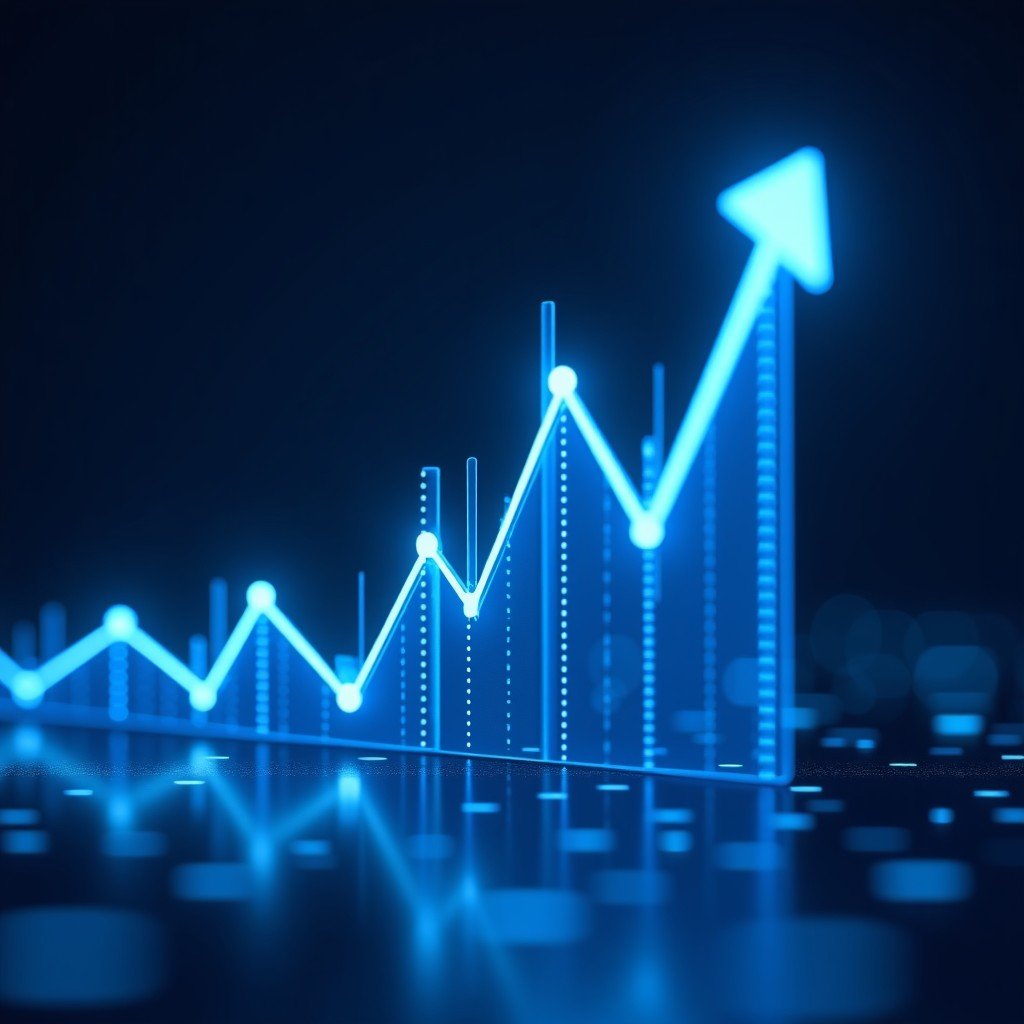 A digital stock market display showing a steady upward trend line with a blue tech aesthetic and glowing data points, 4:3