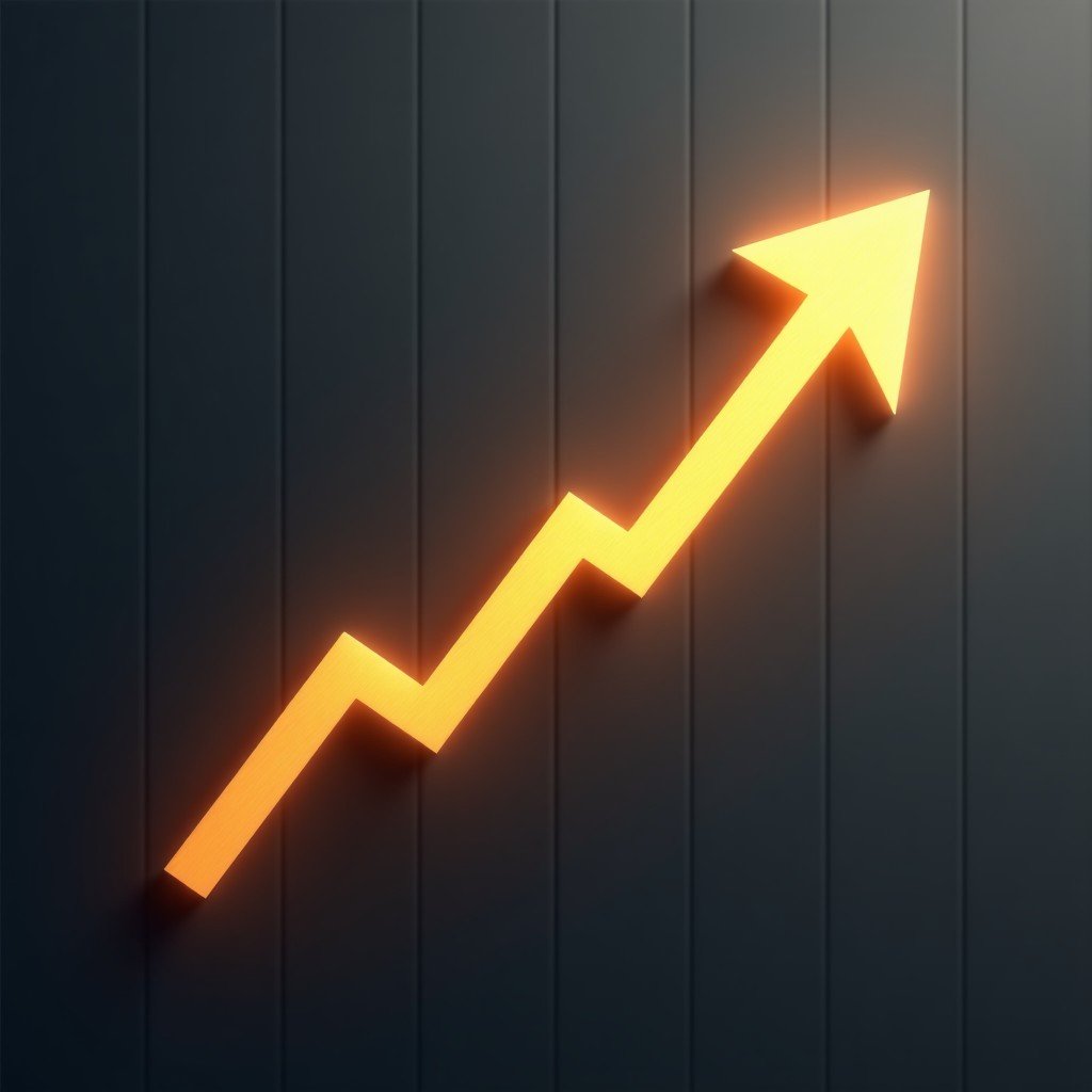 A professional and clean infographic style illustration showing an upward trend arrow composed of glowing golden light. The background is a sophisticated dark grey with subtle grid lines. It represents financial growth and success. No text. 4:3