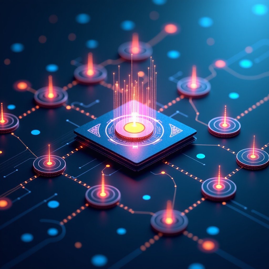 A futuristic digital visualization of an intelligence layer connecting various data sources within a large organization. Glowing nodes and lines representing data flowing into a central AI core labeled with subtle tech patterns. Professional and clean infographic style. 4:3