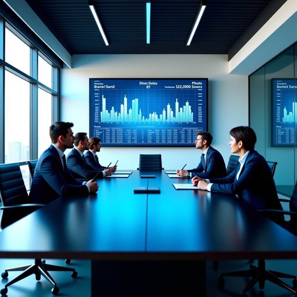 A professional boardroom meeting with diverse business leaders, transparent digital screens showing stock market trends and AI growth data, natural daylight, 4:3