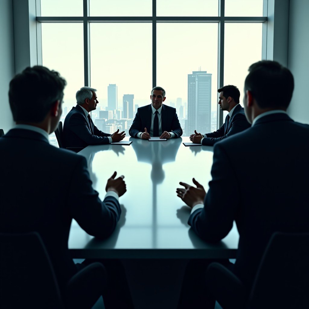 A cinematic scene of a high-stakes meeting between corporate executives and government officials in a modern minimalist boardroom. Outside the window, a futuristic city is visible. The atmosphere is tense with dramatic lighting and sharp contrasts. 4:3